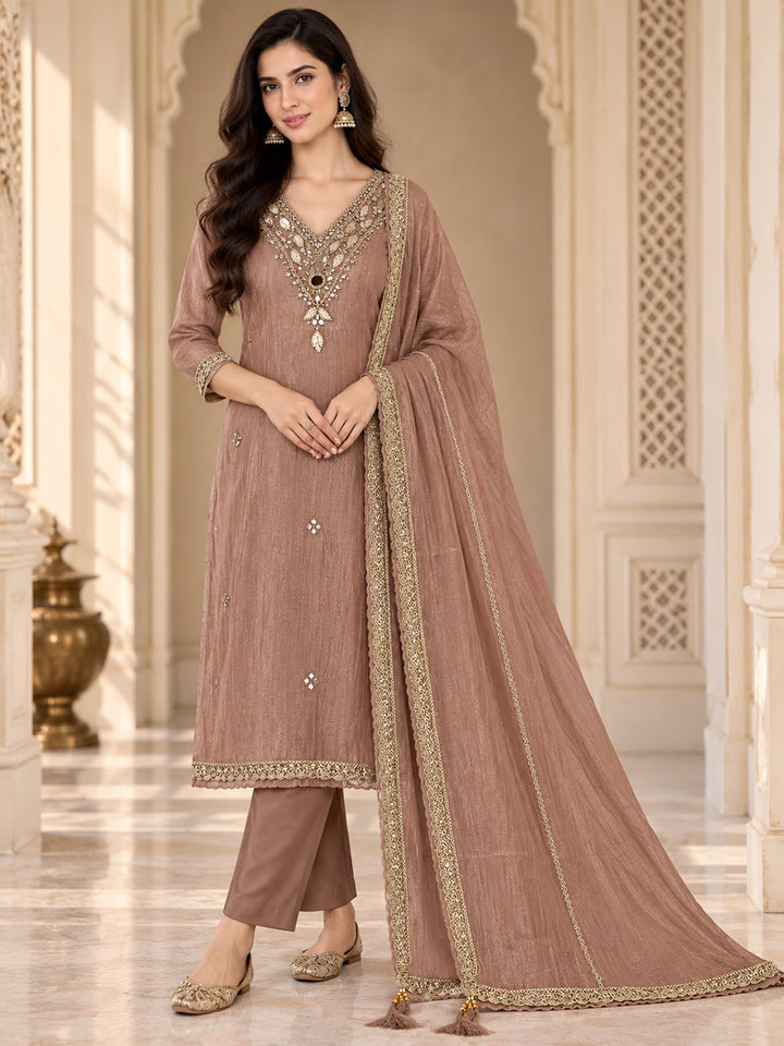 Peach Organza Embroidered Unstitched Dress Material