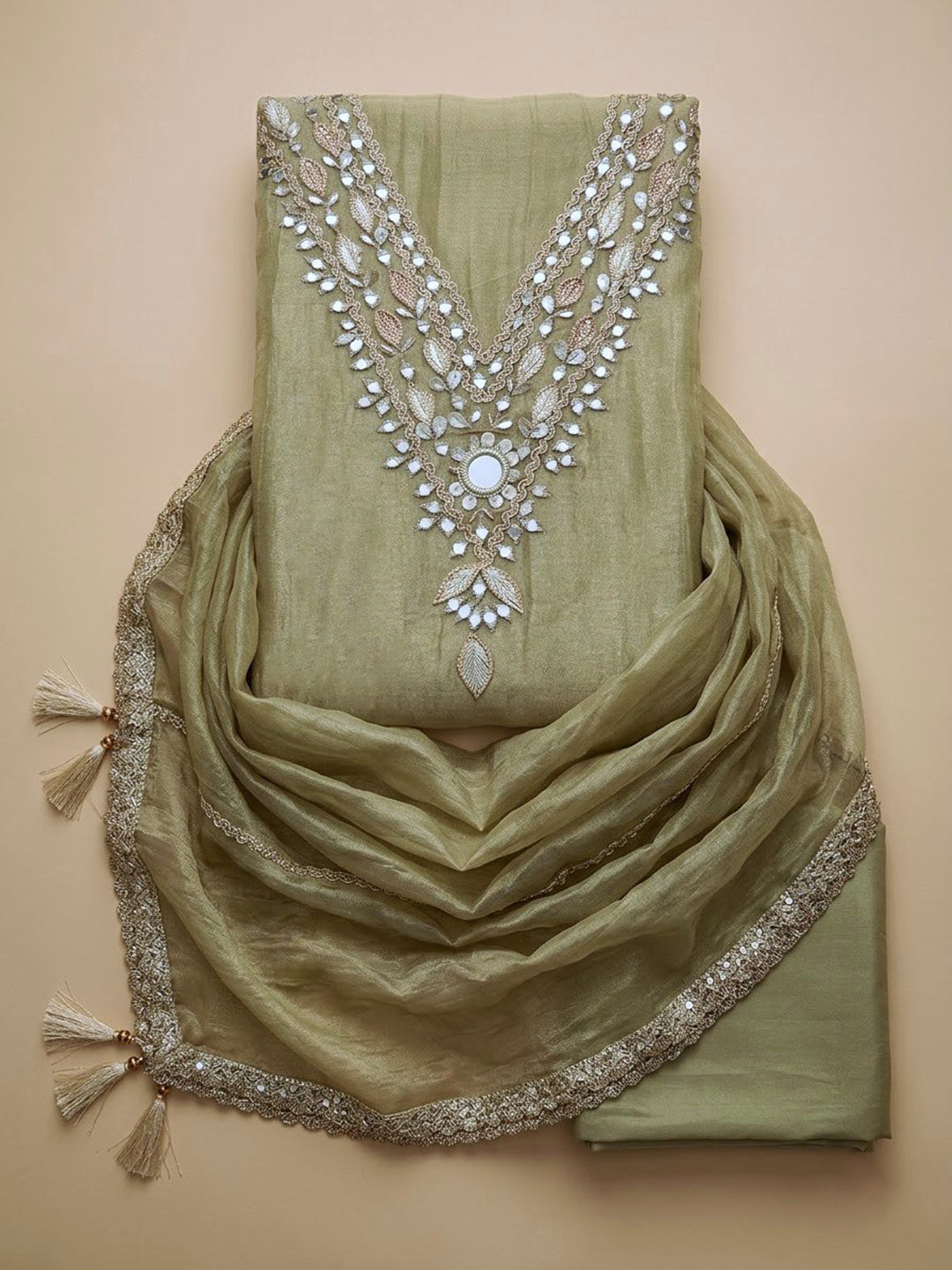 Pista Green Organza Embroidered Unstitched Dress Material