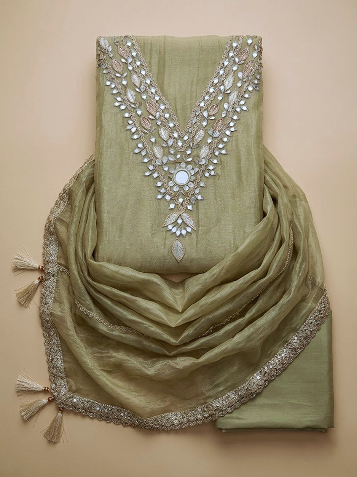 Pista Green Organza Embroidered Unstitched Dress Material