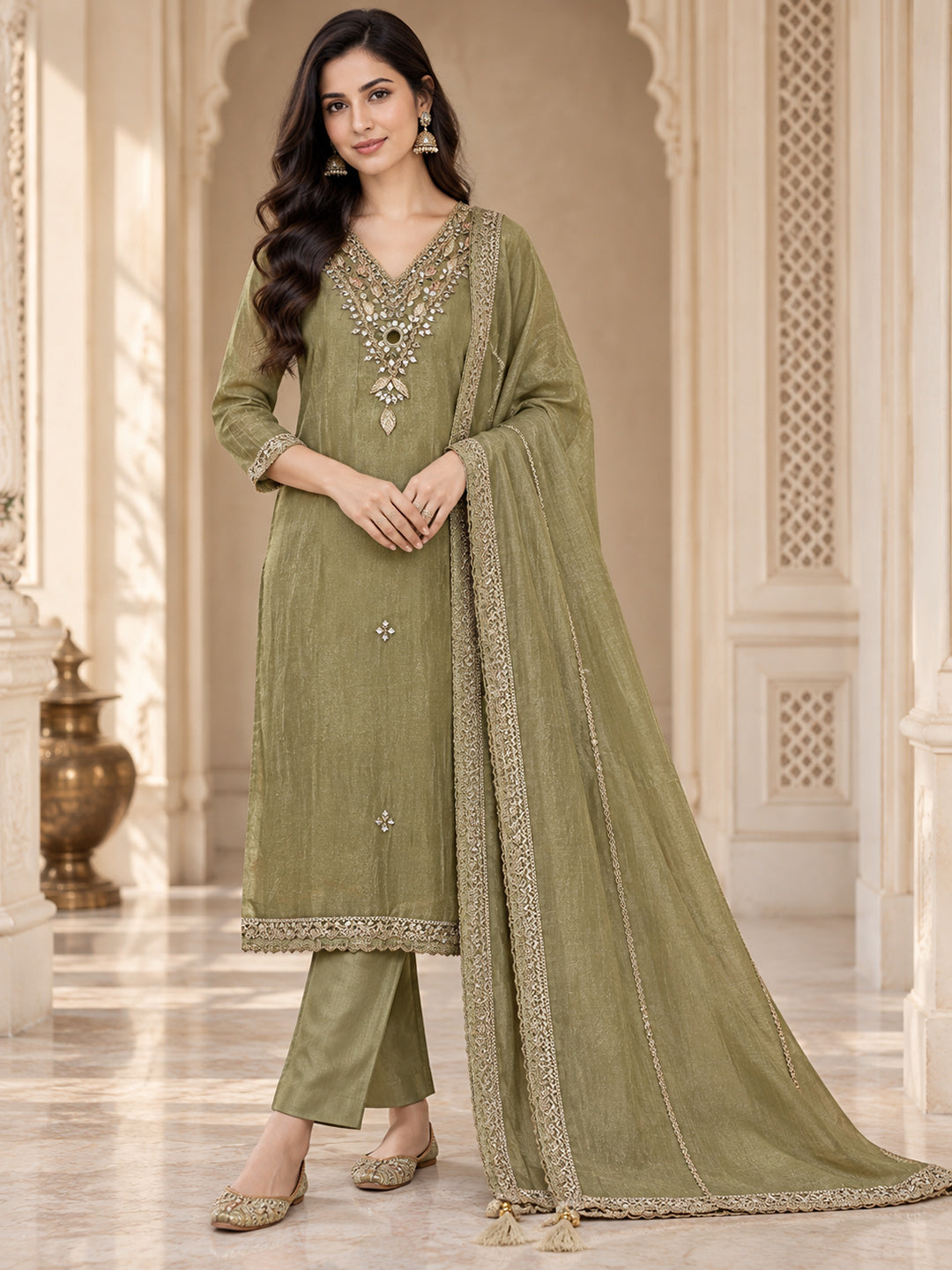 Pista Green Organza Embroidered Unstitched Dress Material