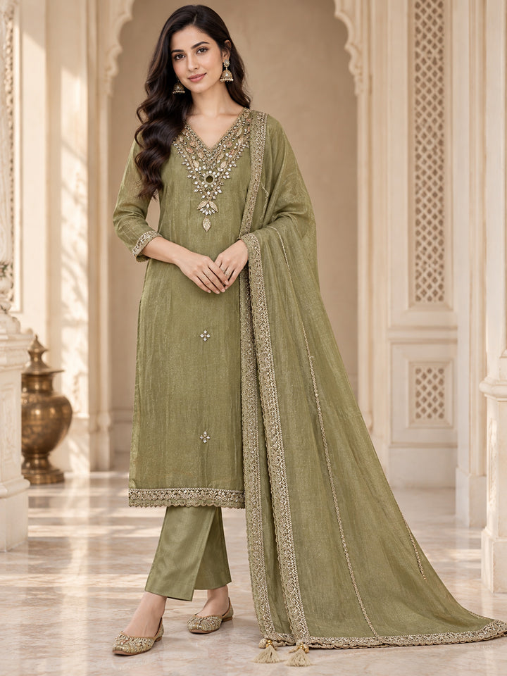 Pista Green Organza Embroidered Unstitched Dress Material