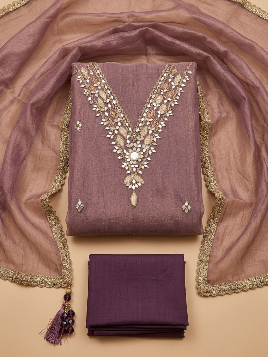 Purple Organza Embroidered Unstitched Dress Material