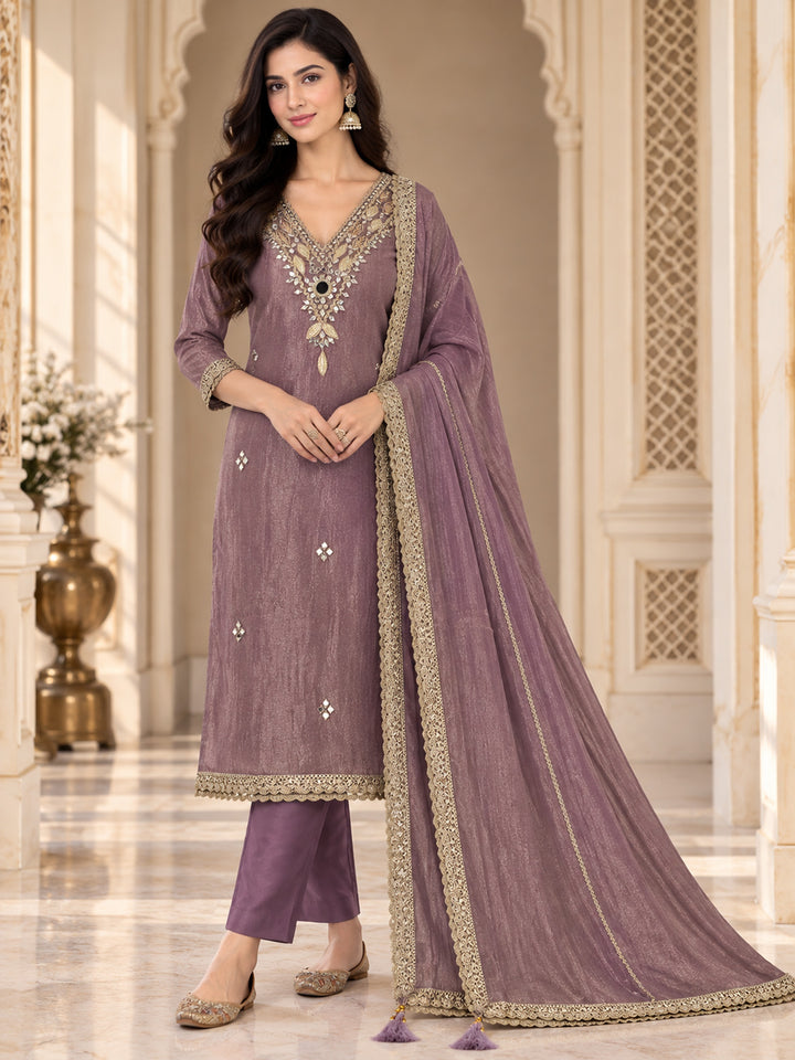 Purple Organza Embroidered Unstitched Dress Material