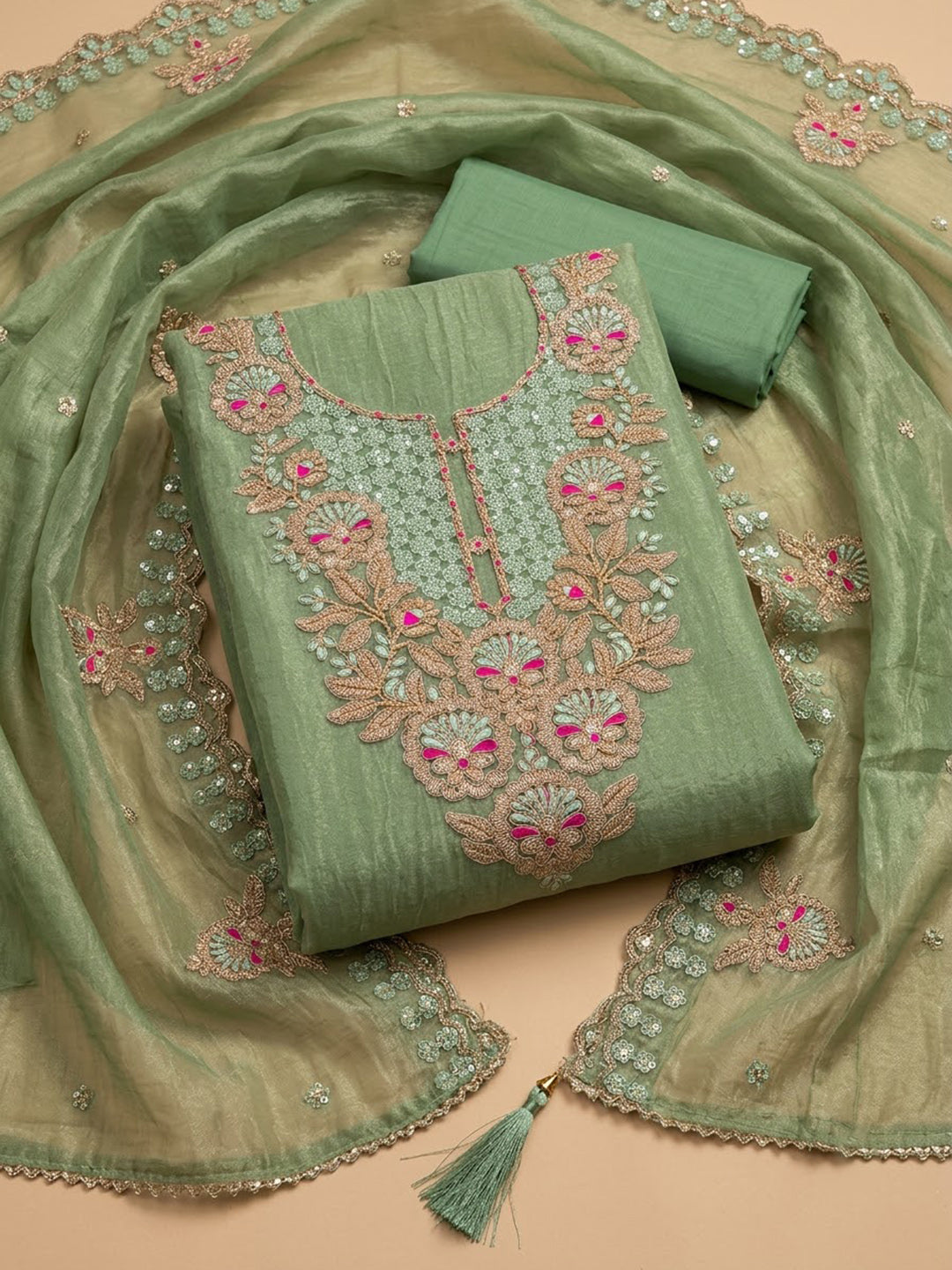 Aqua Green Chanderi Embroidered Unstitched Dress Material
