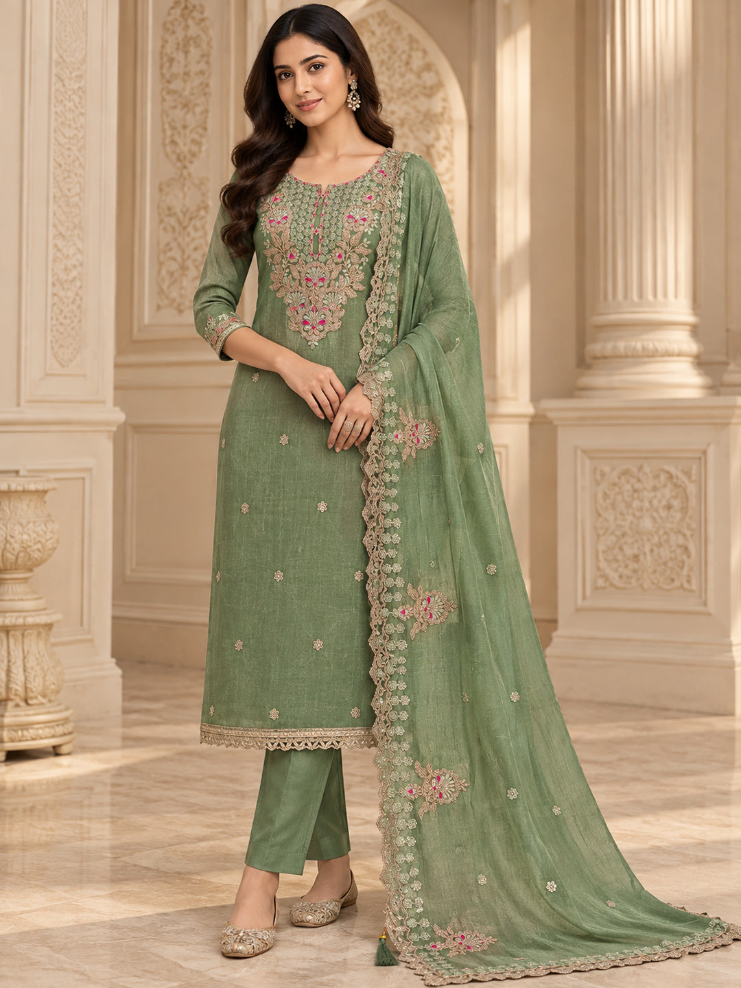 Aqua Green Chanderi Embroidered Unstitched Dress Material