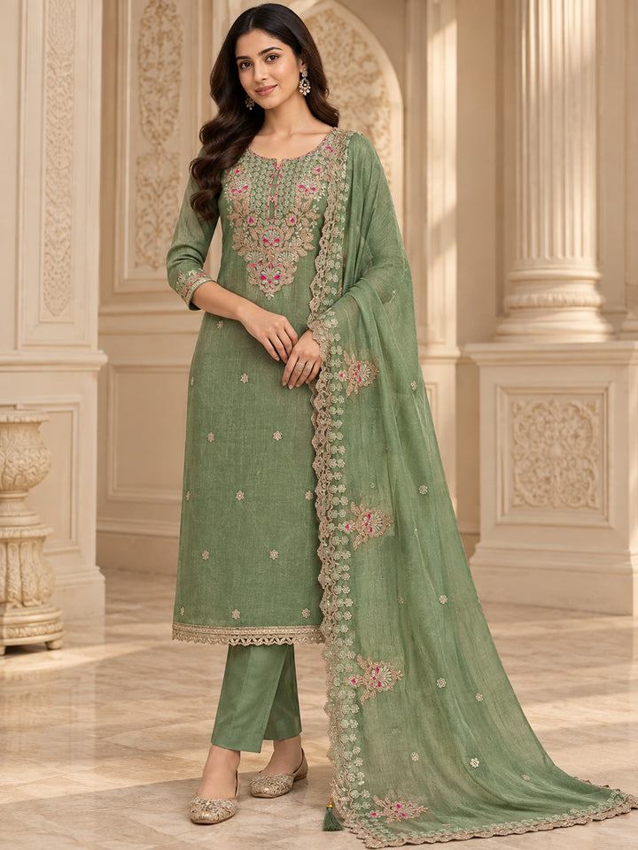 Aqua Green Chanderi Embroidered Unstitched Dress Material
