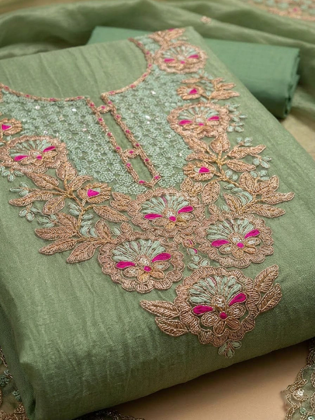 Aqua Green Chanderi Embroidered Unstitched Dress Material