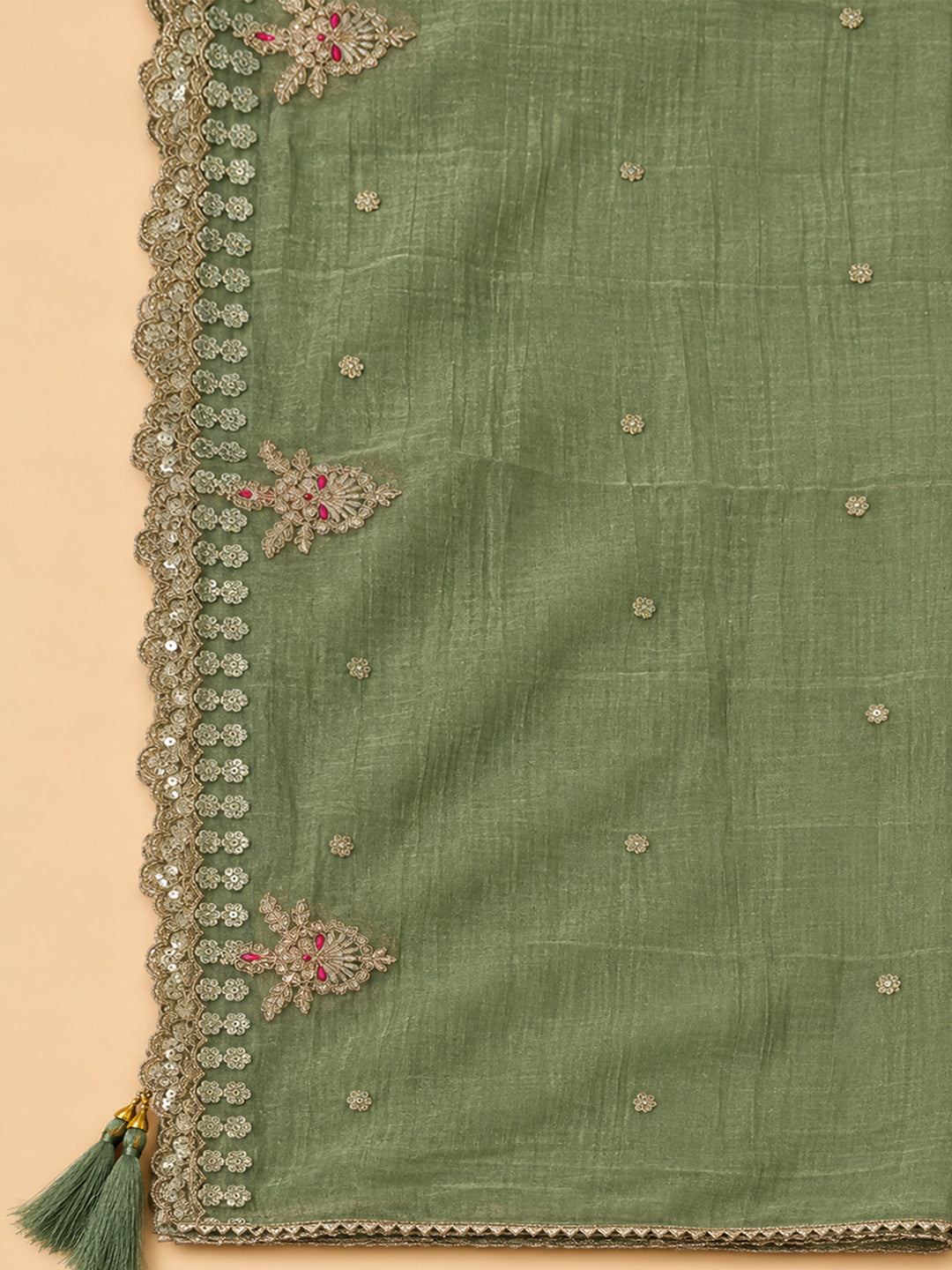 Aqua Green Chanderi Embroidered Unstitched Dress Material