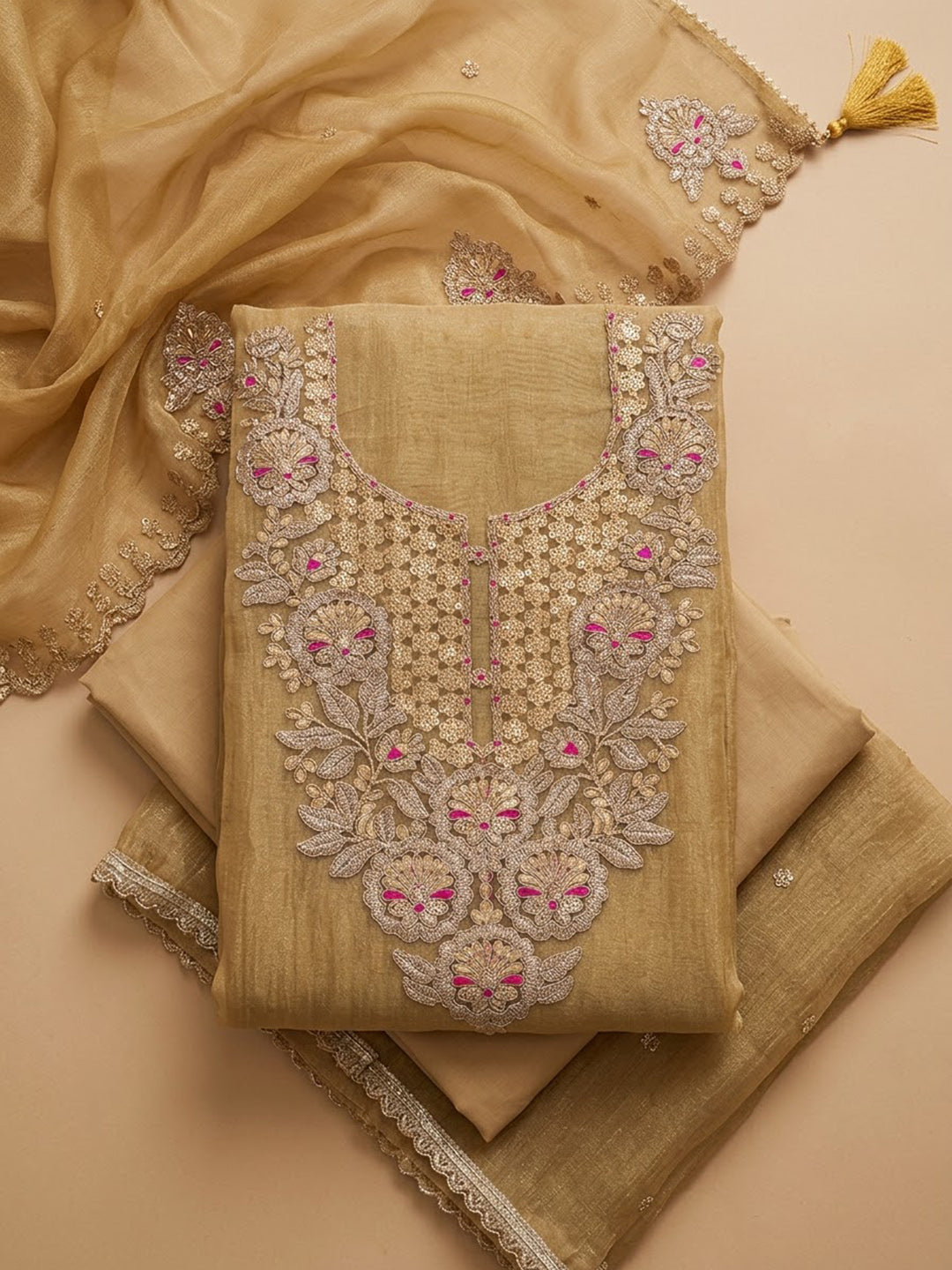 Beige Chanderi Embroidered Unstitched Dress Material