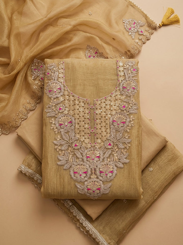 Beige Chanderi Embroidered Unstitched Dress Material