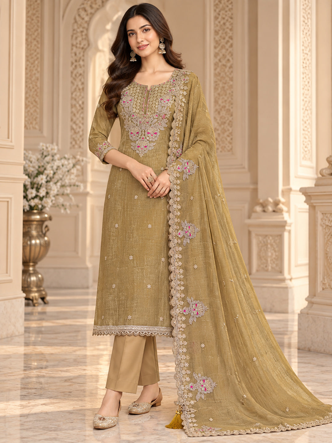 Beige Chanderi Embroidered Unstitched Dress Material