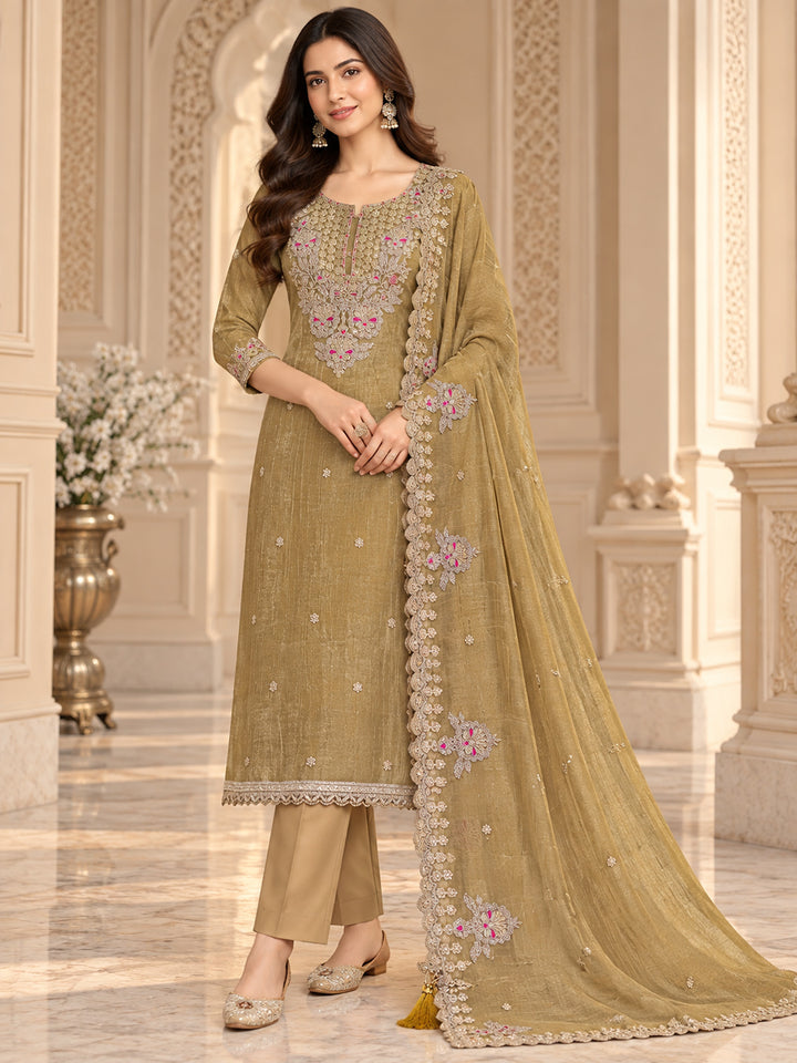 Beige Chanderi Embroidered Unstitched Dress Material