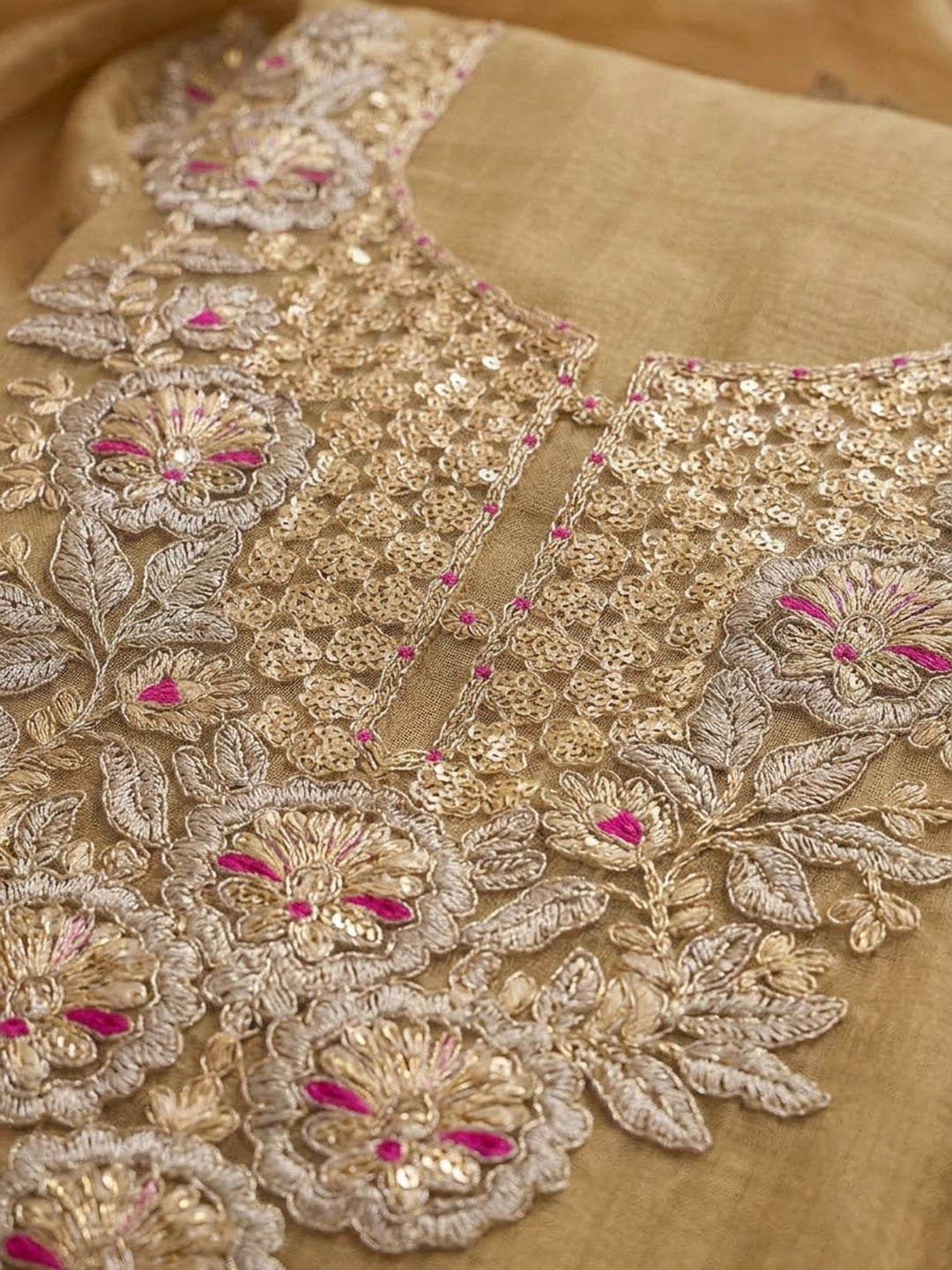 Beige Chanderi Embroidered Unstitched Dress Material