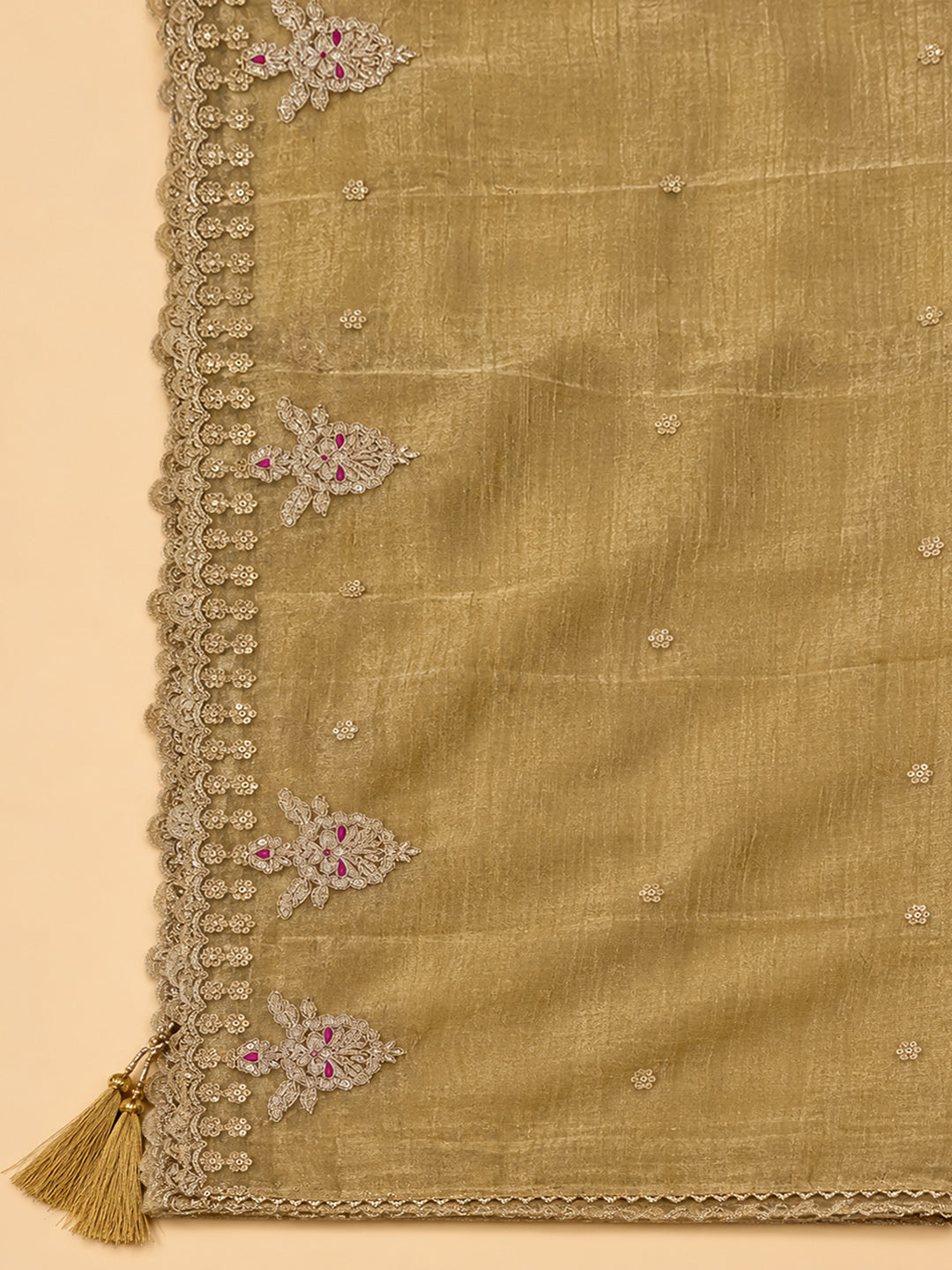 Beige Chanderi Embroidered Unstitched Dress Material