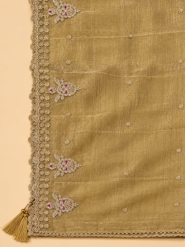 Beige Chanderi Embroidered Unstitched Dress Material