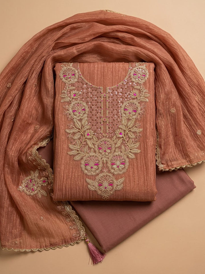 Dusty Pink Chanderi Embroidered Unstitched Dress Material