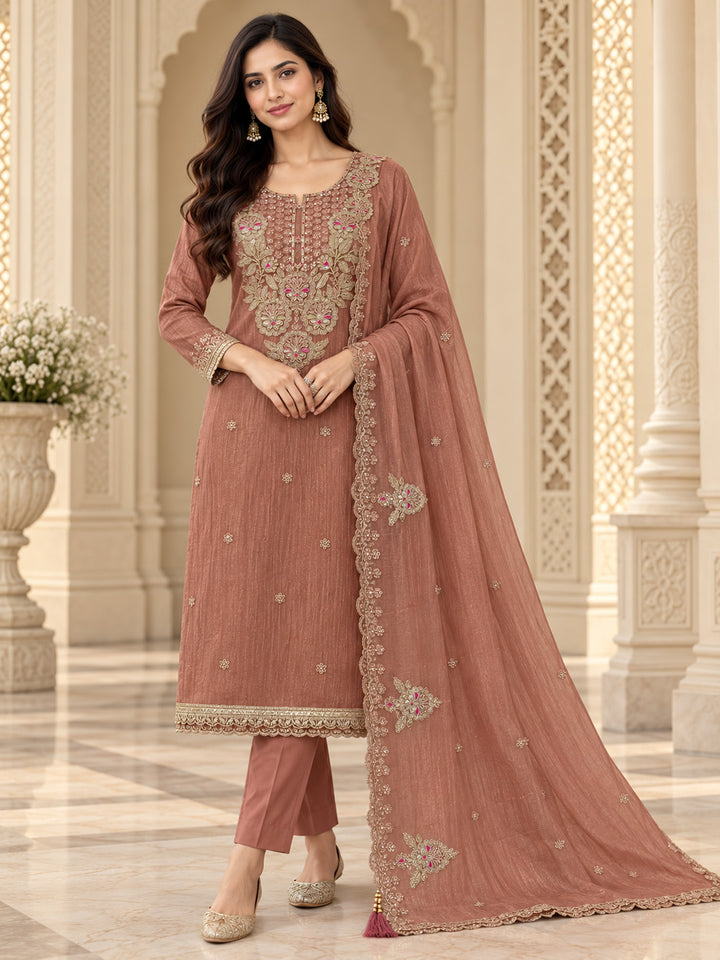 Dusty Pink Chanderi Embroidered Unstitched Dress Material