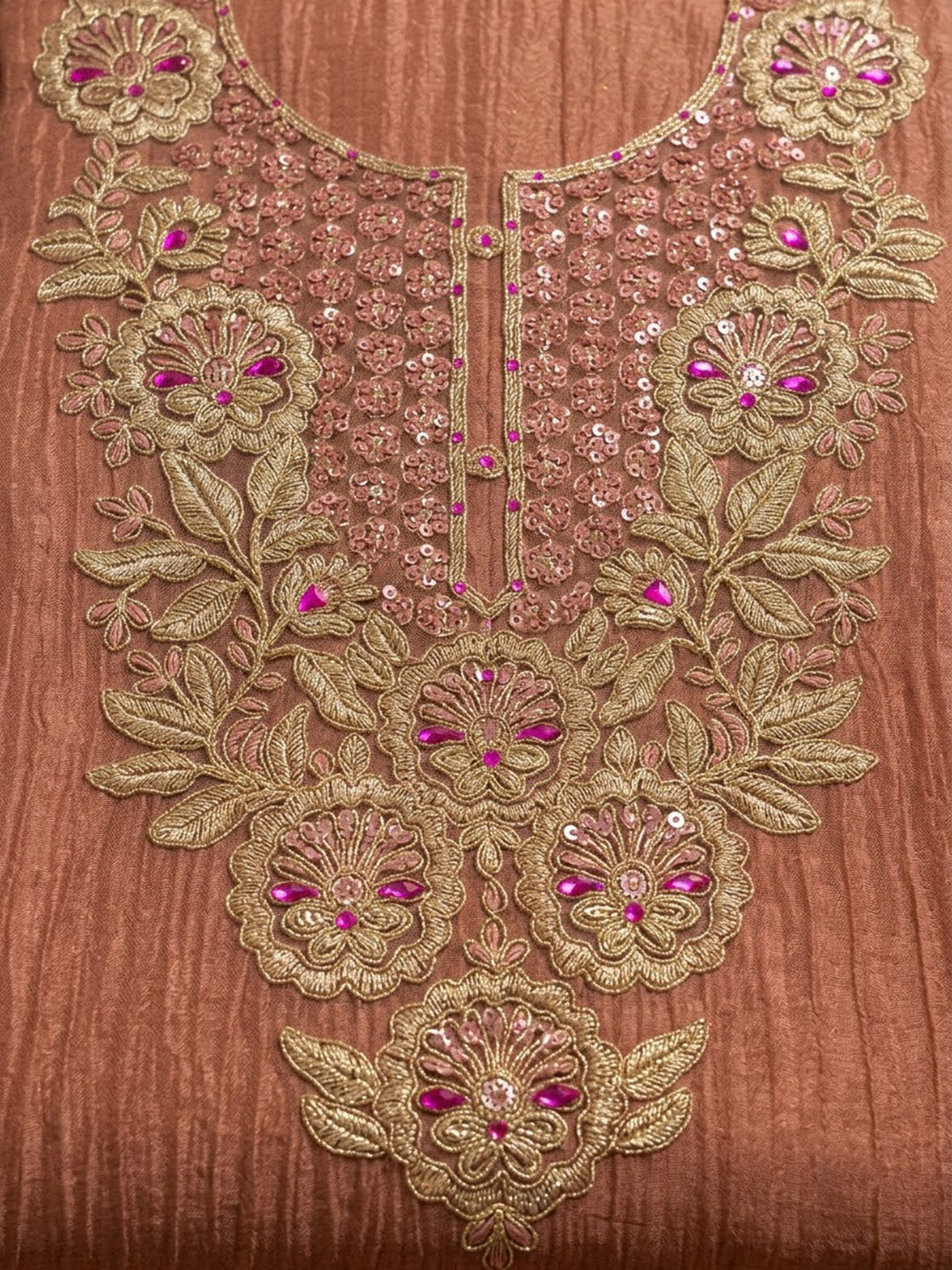 Dusty Pink Chanderi Embroidered Unstitched Dress Material