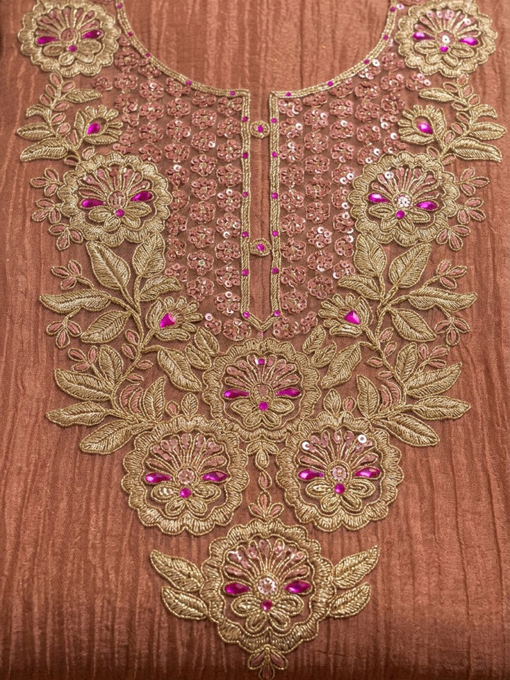 Dusty Pink Chanderi Embroidered Unstitched Dress Material