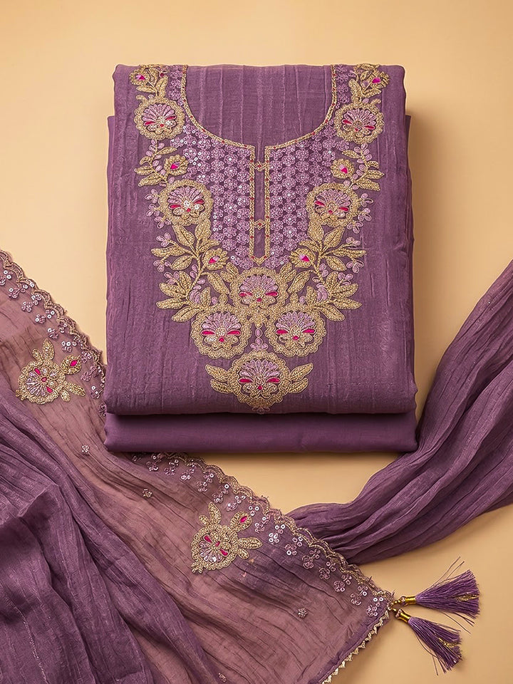 Purple Chanderi Embroidered Unstitched Dress Material