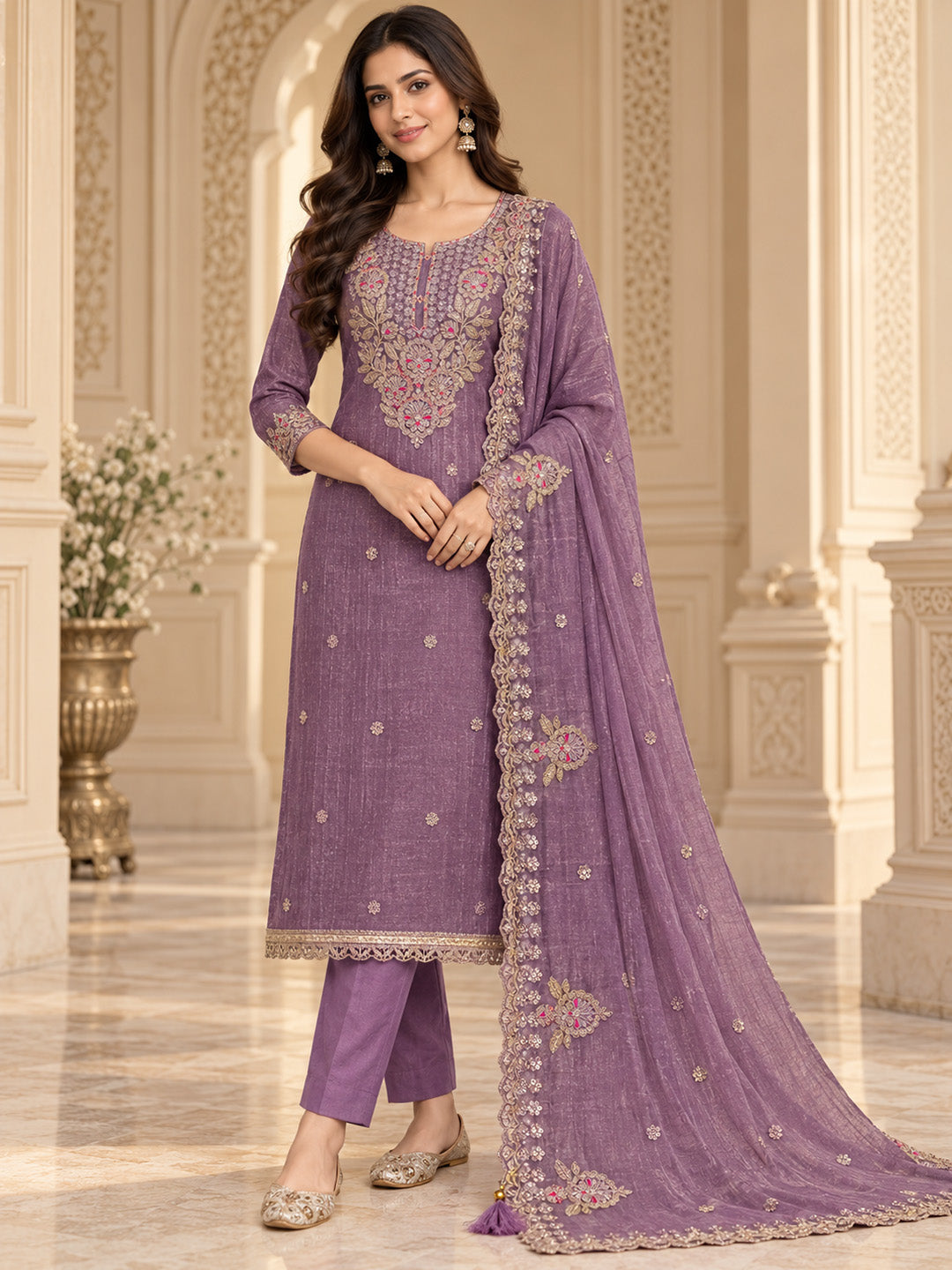 Purple Chanderi Embroidered Unstitched Dress Material