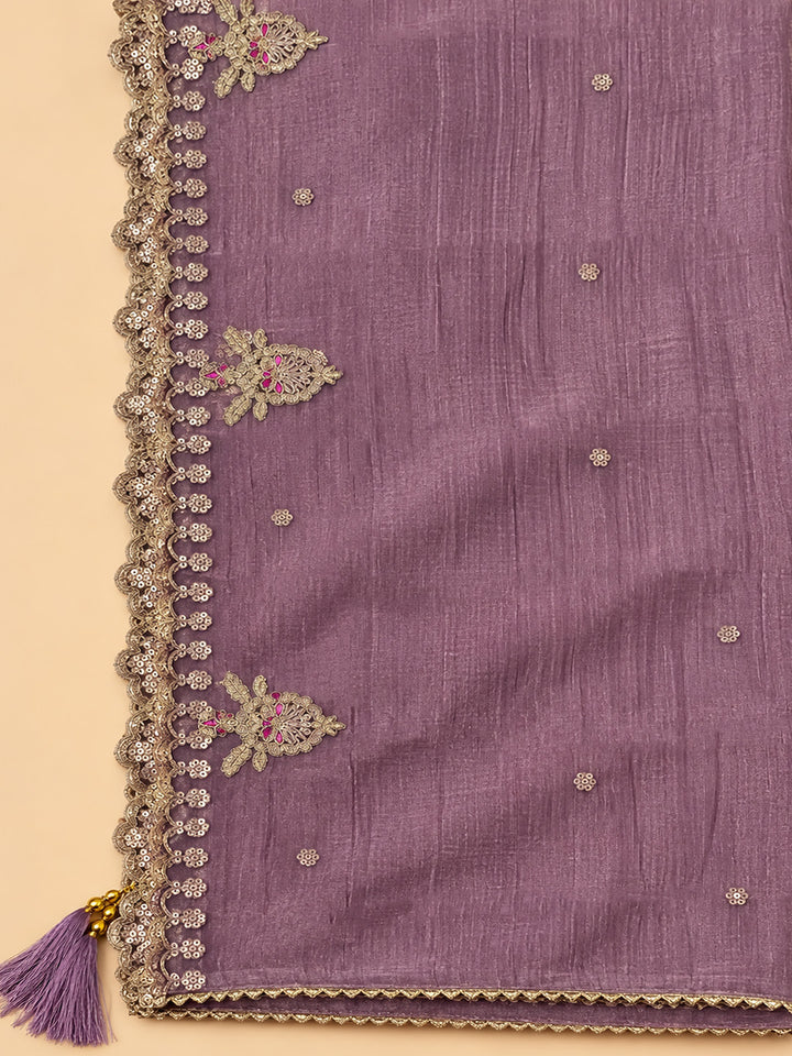Purple Chanderi Embroidered Unstitched Dress Material