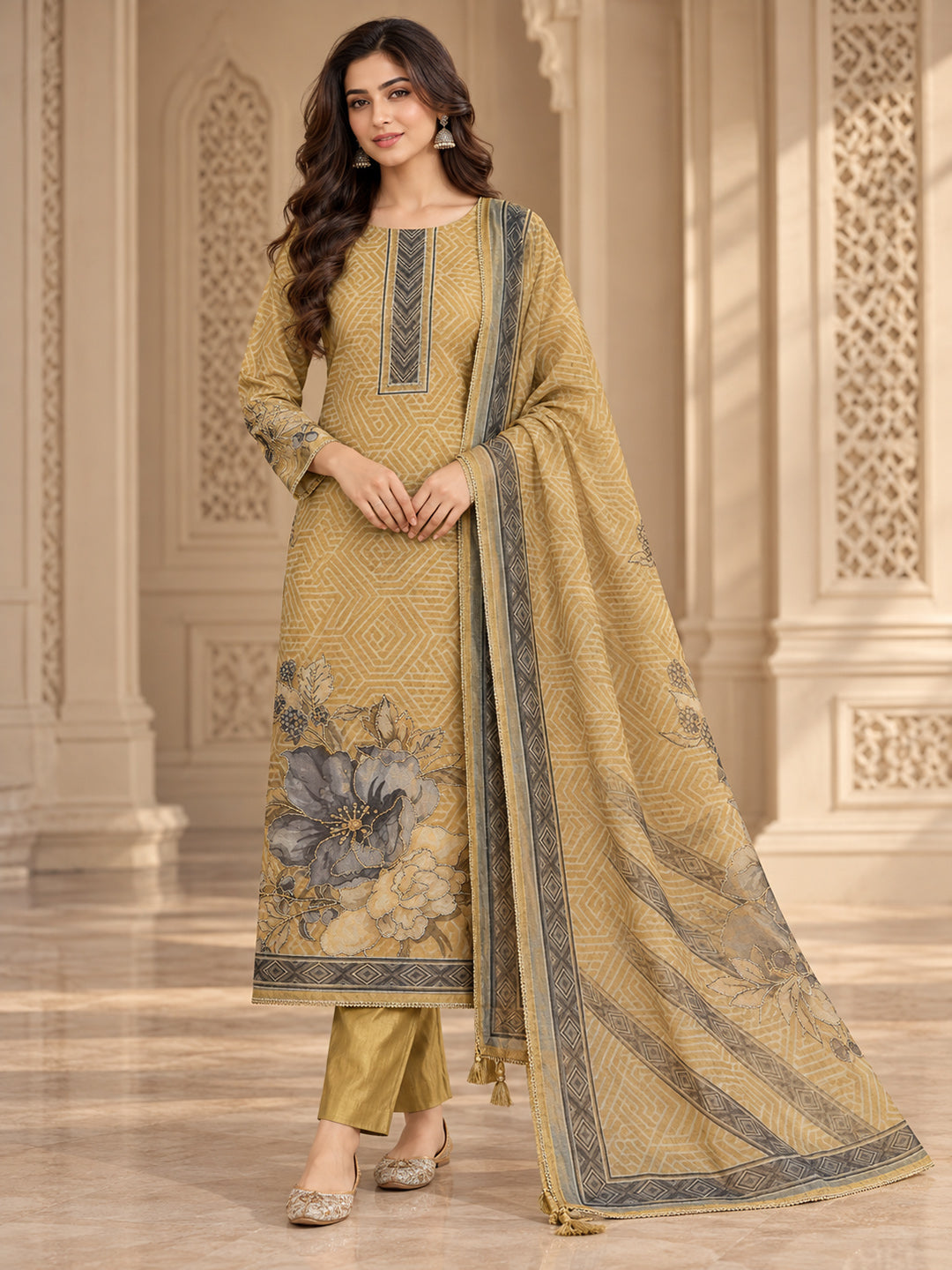 Beige Chanderi Embroidered Unstitched Dress Material