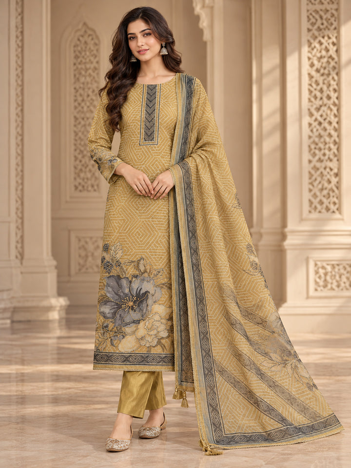 Beige Chanderi Embroidered Unstitched Dress Material