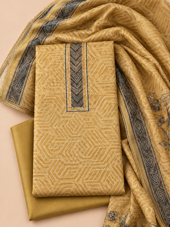 Beige Chanderi Embroidered Unstitched Dress Material