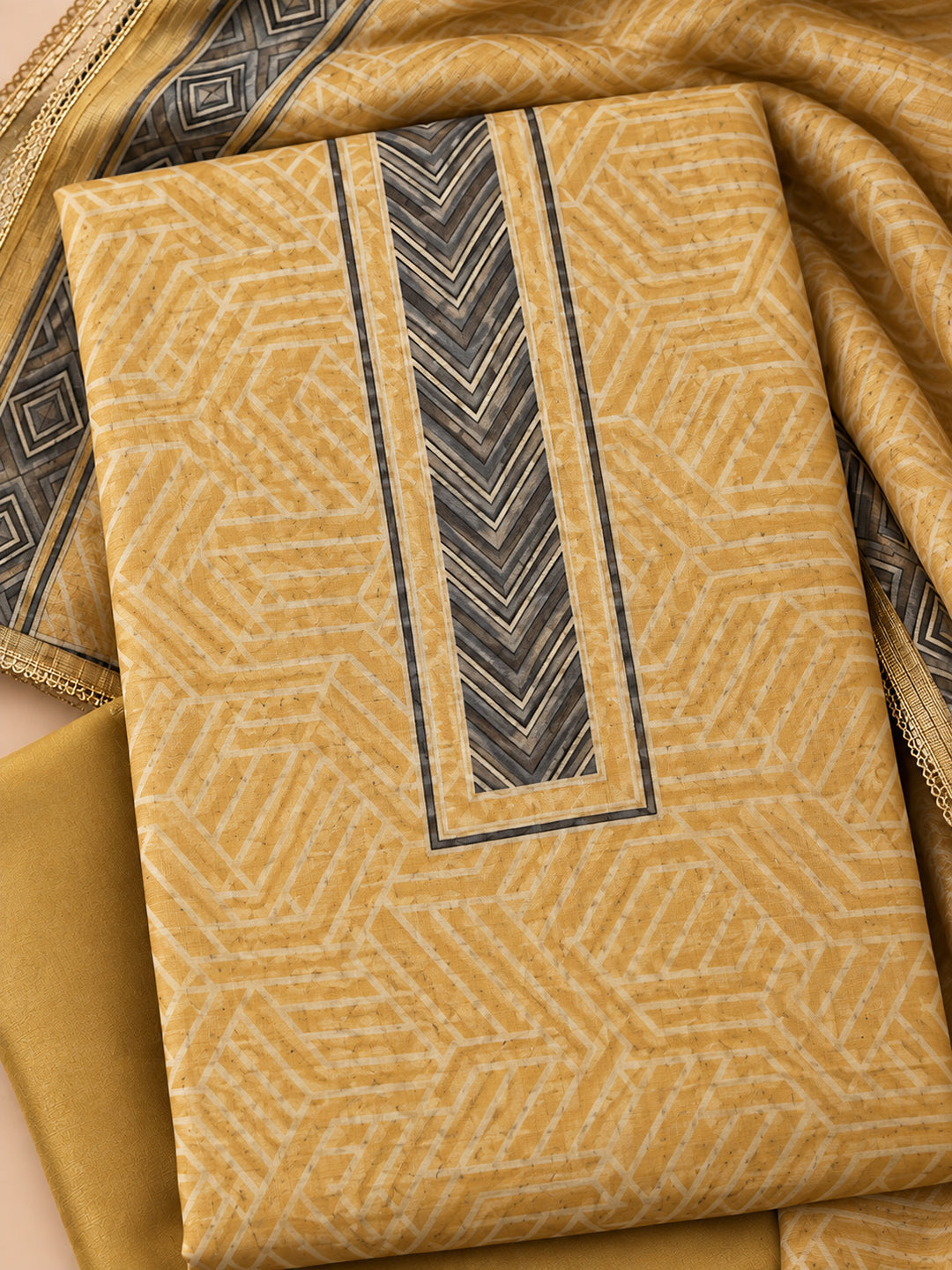 Beige Chanderi Embroidered Unstitched Dress Material