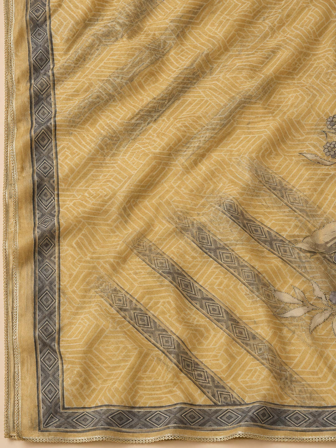 Beige Chanderi Embroidered Unstitched Dress Material