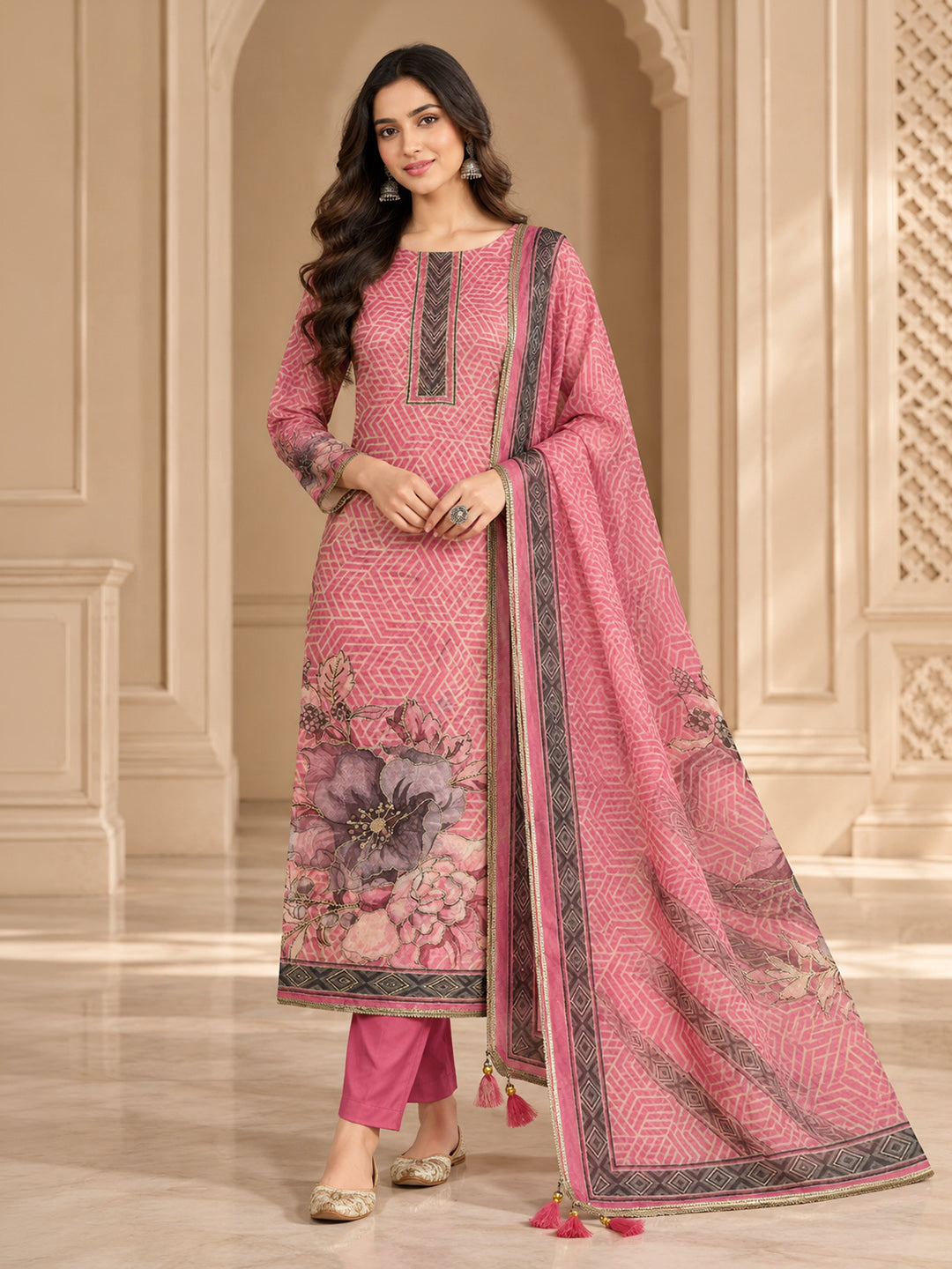 Onion-Pink Chanderi Embroidered Unstitched Dress Material