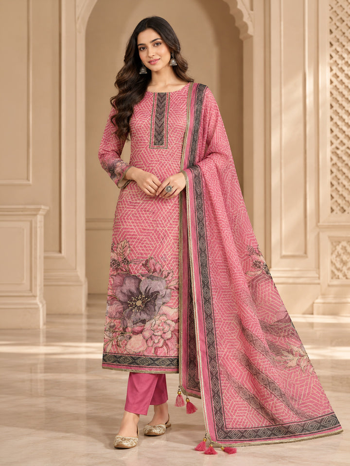 Onion-Pink Chanderi Embroidered Unstitched Dress Material