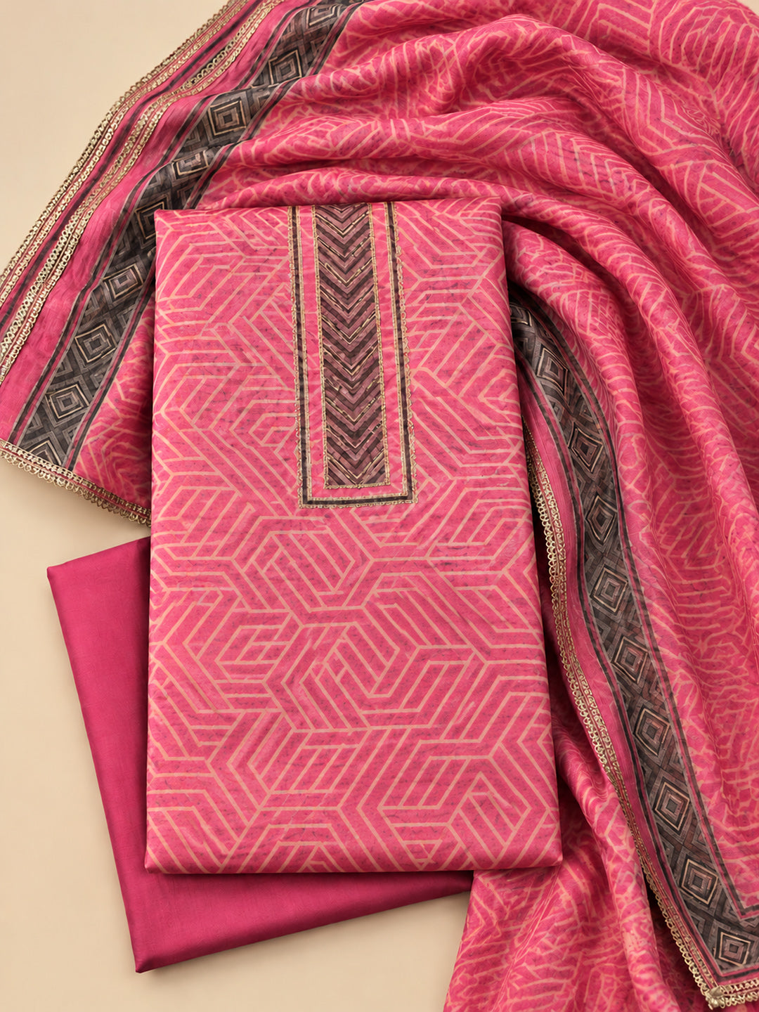 Onion-Pink Chanderi Embroidered Unstitched Dress Material