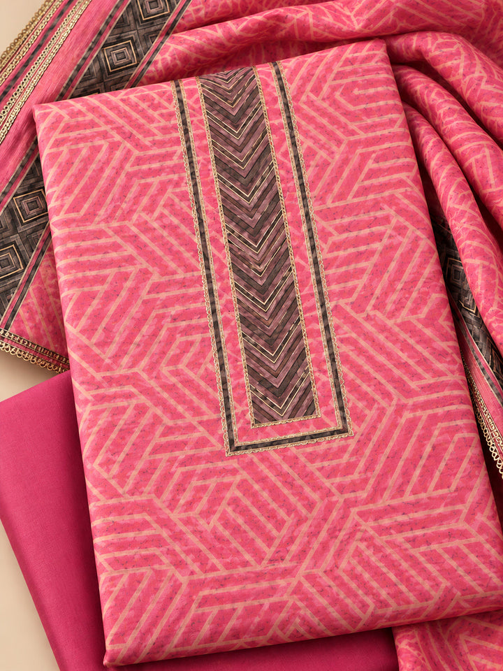 Onion-Pink Chanderi Embroidered Unstitched Dress Material