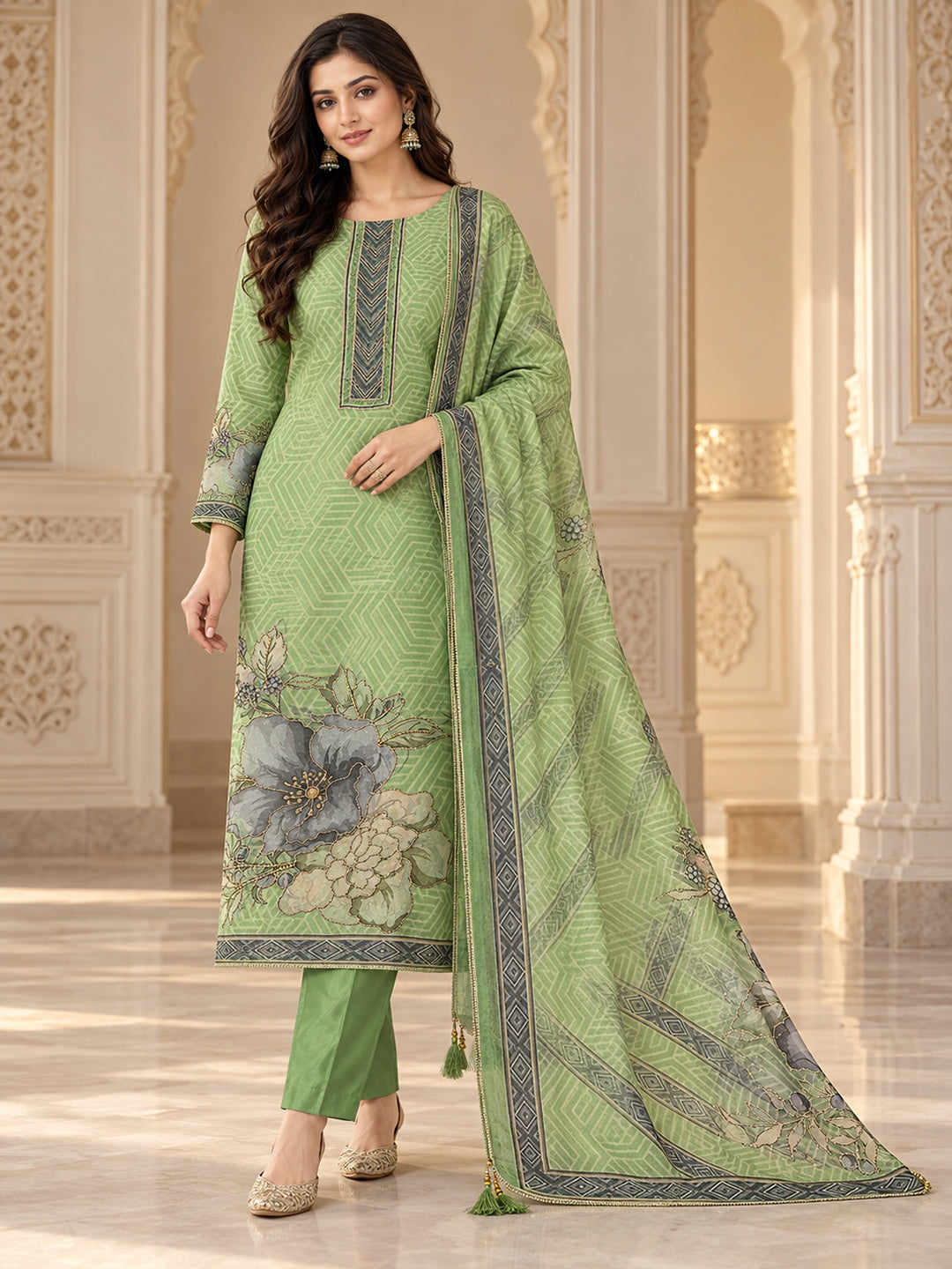 Pista-Green Chanderi Embroidered Unstitched Dress Material