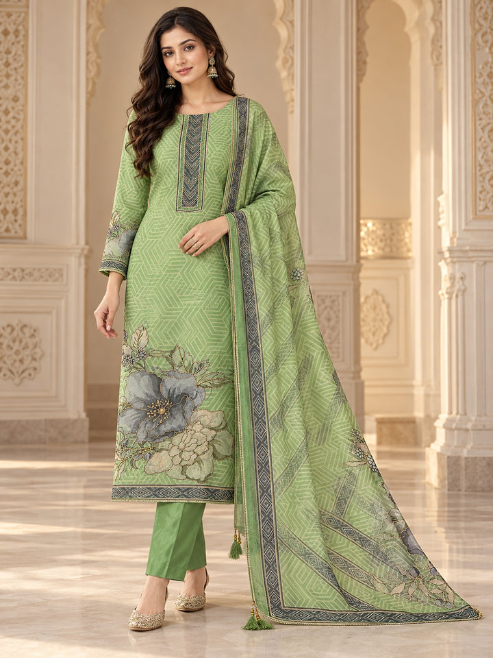 Pista-Green Chanderi Embroidered Unstitched Dress Material