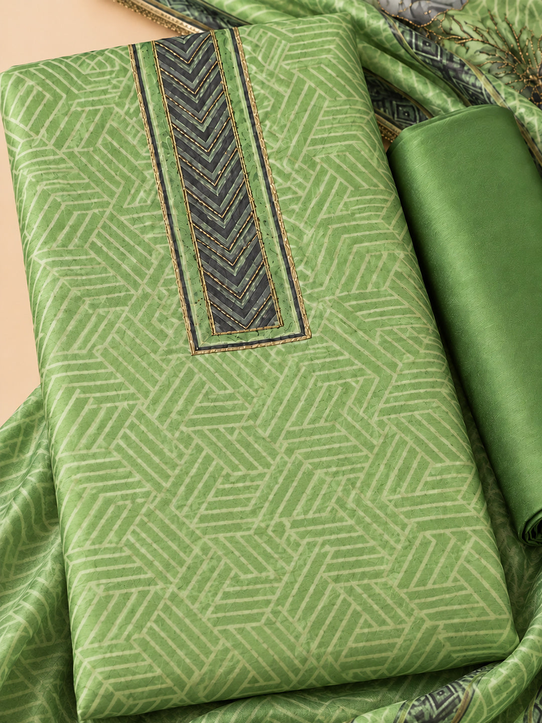 Pista-Green Chanderi Embroidered Unstitched Dress Material