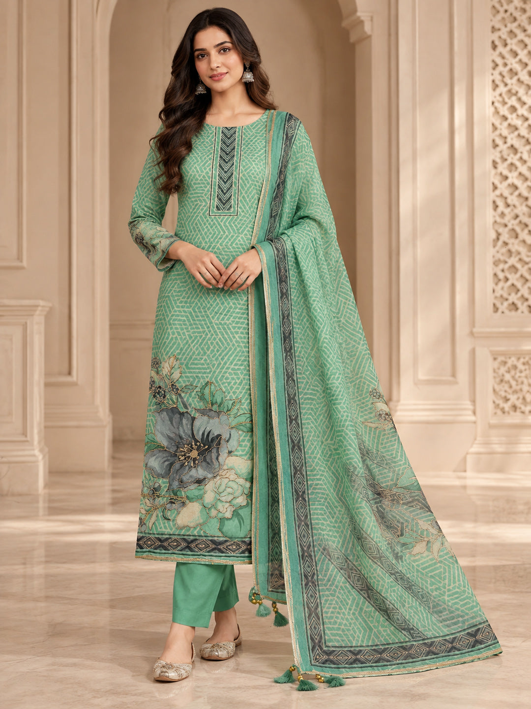 Rama-Green Chanderi Embroidered Unstitched Dress Material
