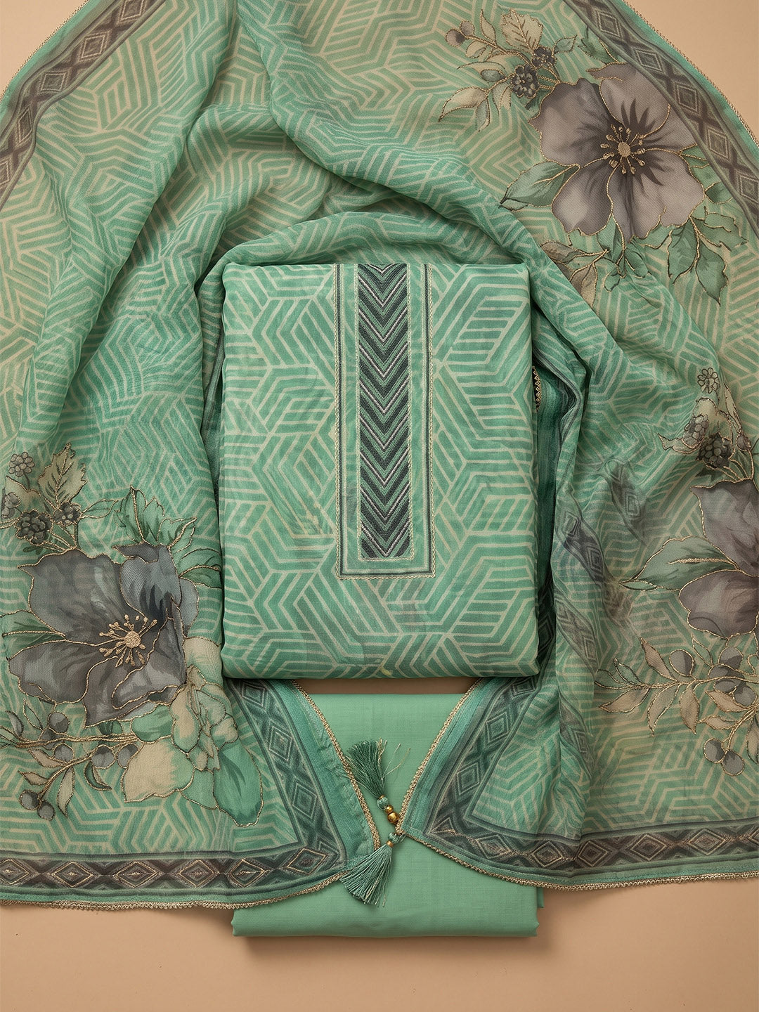 Rama-Green Chanderi Embroidered Unstitched Dress Material