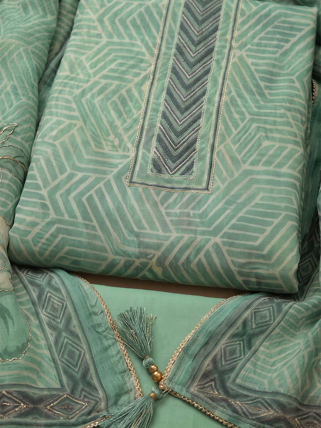 Rama-Green Chanderi Embroidered Unstitched Dress Material