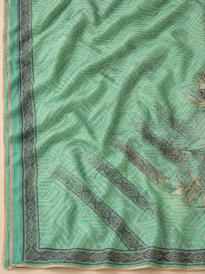 Rama-Green Chanderi Embroidered Unstitched Dress Material