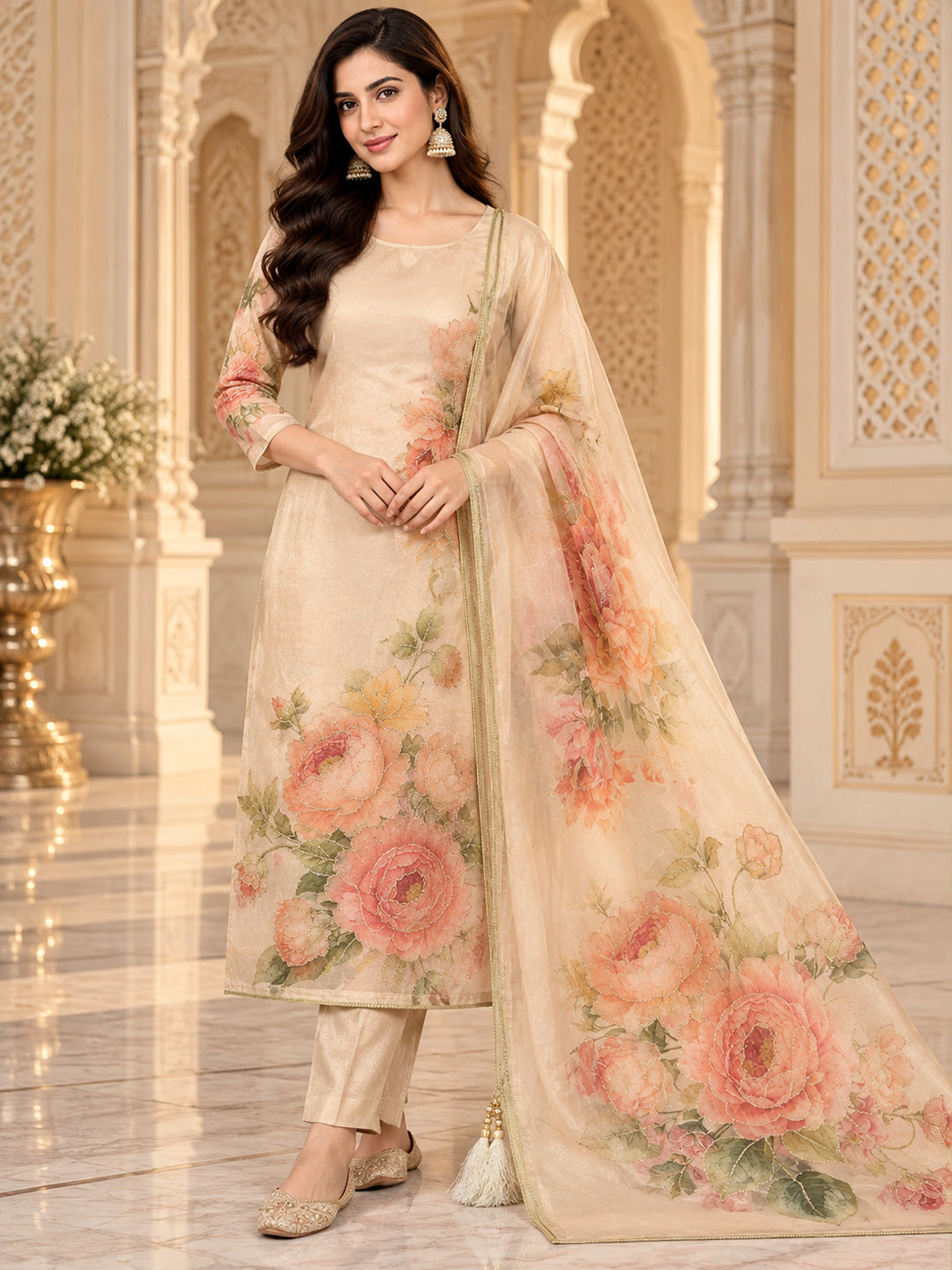 Beige Organza Printed Unstitched Dress Material