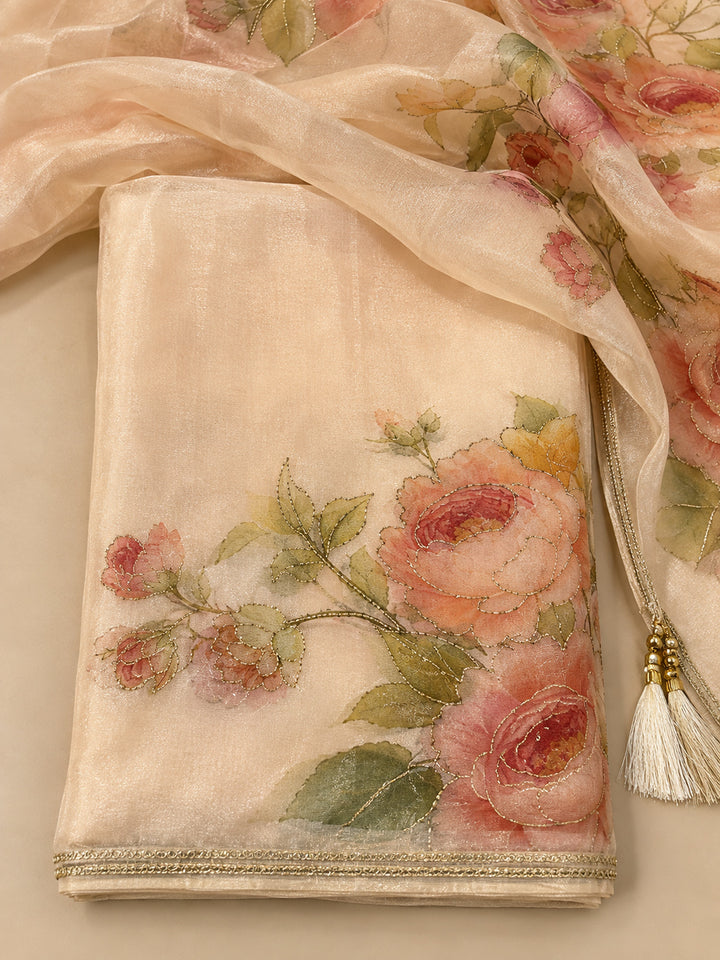 Beige Organza Printed Unstitched Dress Material