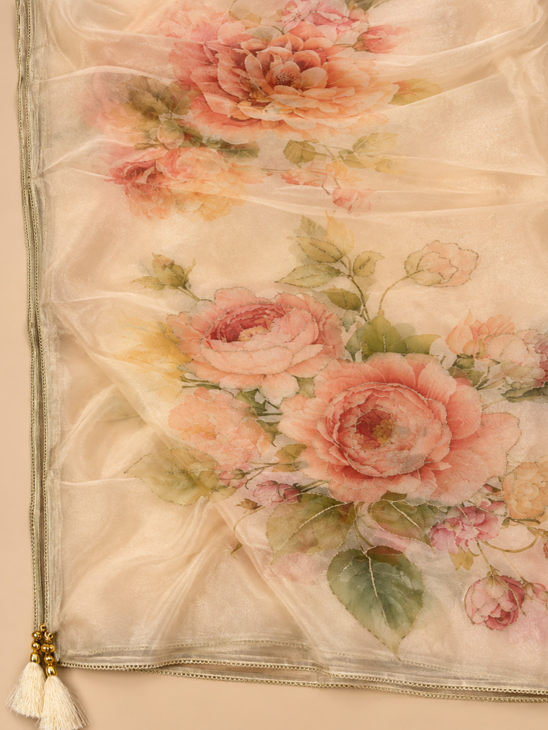 Beige Organza Printed Unstitched Dress Material