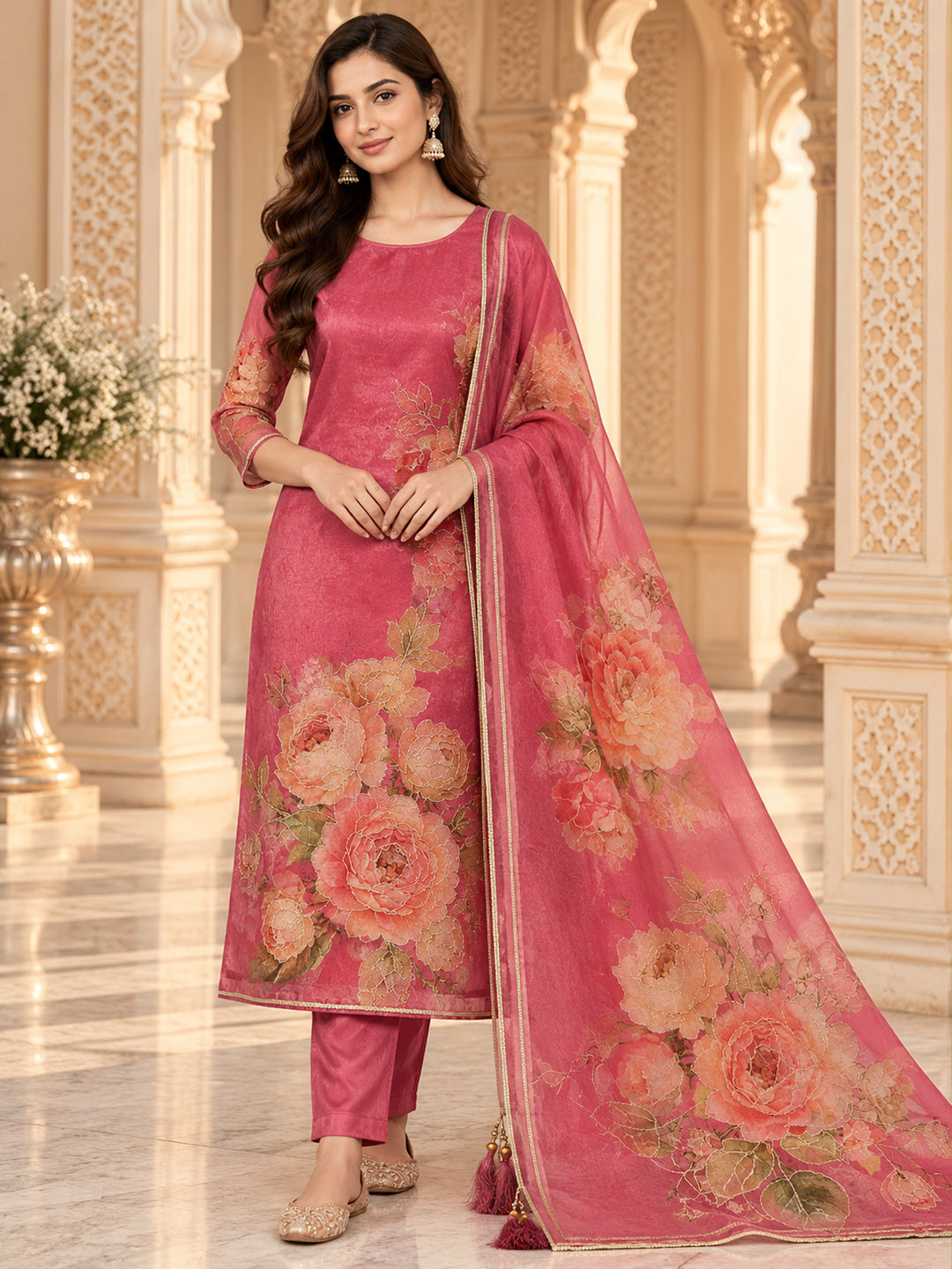 Onion-Pink Organza Printed Unstitched Dress Material