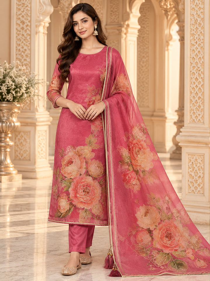 Onion-Pink Organza Printed Unstitched Dress Material