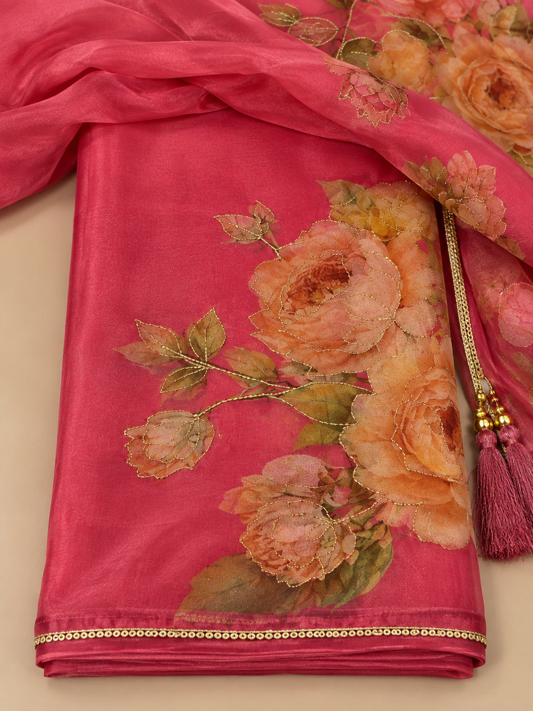 Onion-Pink Organza Printed Unstitched Dress Material