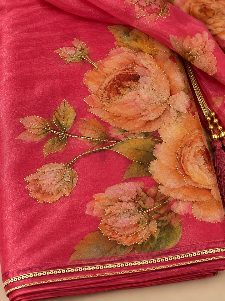Onion-Pink Organza Printed Unstitched Dress Material