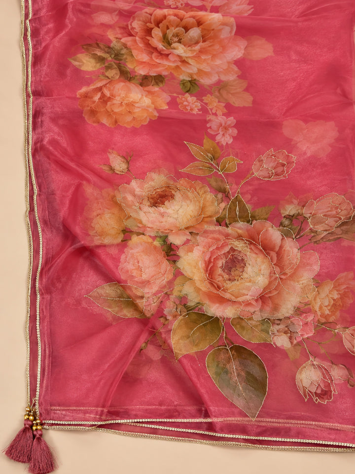 Onion-Pink Organza Printed Unstitched Dress Material